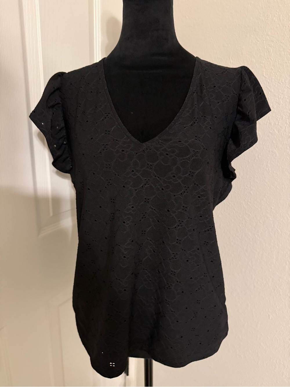 Michael Kors Black Eyelet V-Neck Flutter Sleeve Top